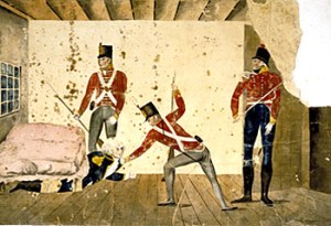 A satirical representation (above) of Governor Bligh being removed from Government House in 1808. He was then taken by the soldiers to the George’s Square Barracks.