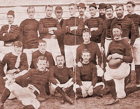 Queensland Rugby team in 1883, wearing red & black jerseys of Brisbane FC.