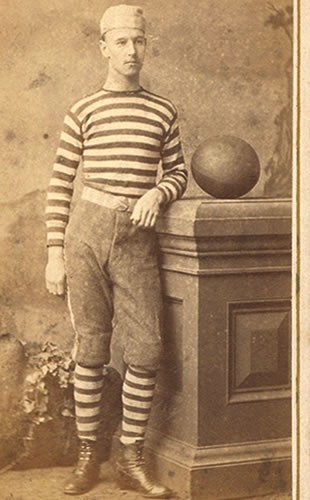 Photo of an unidentified footballer in a Melbourne city studio c.1880