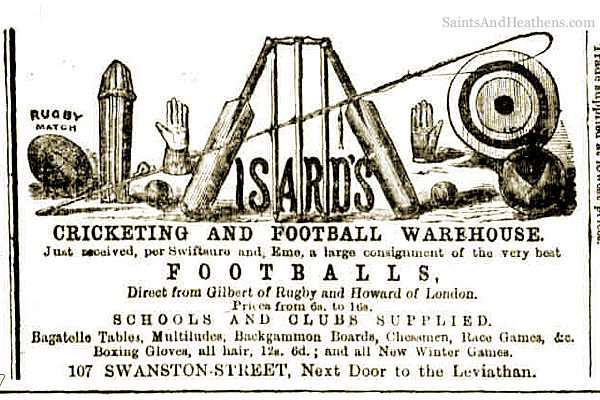 Melbourne sport store's newspaper advertisement offering Rugby balls direct from England ('The Australasian, 1870) .