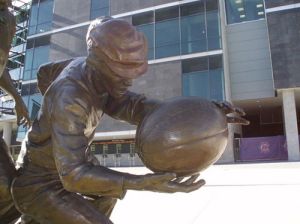 Rugby ball in the Tom Wills sculpture at the MCG (photo courtesy Stan Correy)