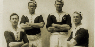 A c.1915 photo of the Burge bros in Glebe jumpers (L-R) Laidley, Peter, Albert & Frank. Laidley, the youngest, played lower grades for Souths RU club. 