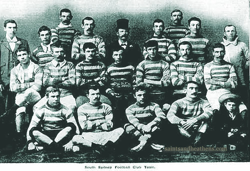 South Sydney FC - the 1898 team (blue & white hoops). Jack Flanagan (back row, first from left) / T. Quirk (back row, fourth from left). 