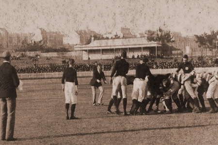 Scrum action at the SCG in 1888 - NSW (now Waratahs) vs first British Lions. Looking towards n-e corner & Moore park Rd..