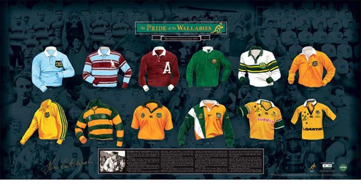 Some of the jerseys the Wallabies have played in since 1899 (a lithograph issued by Legends Genuine Memorabilia c2005. Image courtesy of Michael Fahey ).