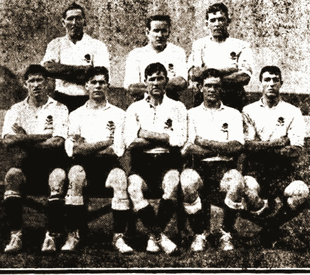 NSW Waratahs forward pack from 1914 :  (eft to right, are (standing) : H. Baker (enlisted), E. Fahey (enlisted), C. Wallach (enlisted), J. Duffy, C. W. Prentice, W. T. Watson (enlisted), H. George (killed in action), F. Thompson killed in action.