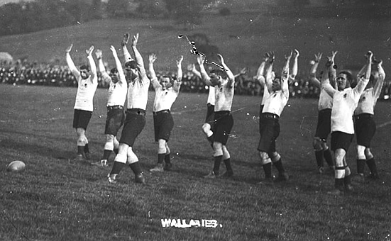 1908 Wallabies perform their war cry in Wales (image courtesy National Library of Wales)