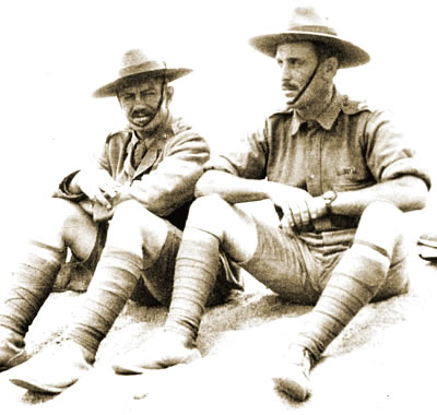 Near Cairo, March 1915. Major Blair Swannell (left) with Captain Alfred Shout, who later was awarded the Victoria Cross and Military Cross for service at Gallipoli. Both were killed in action.